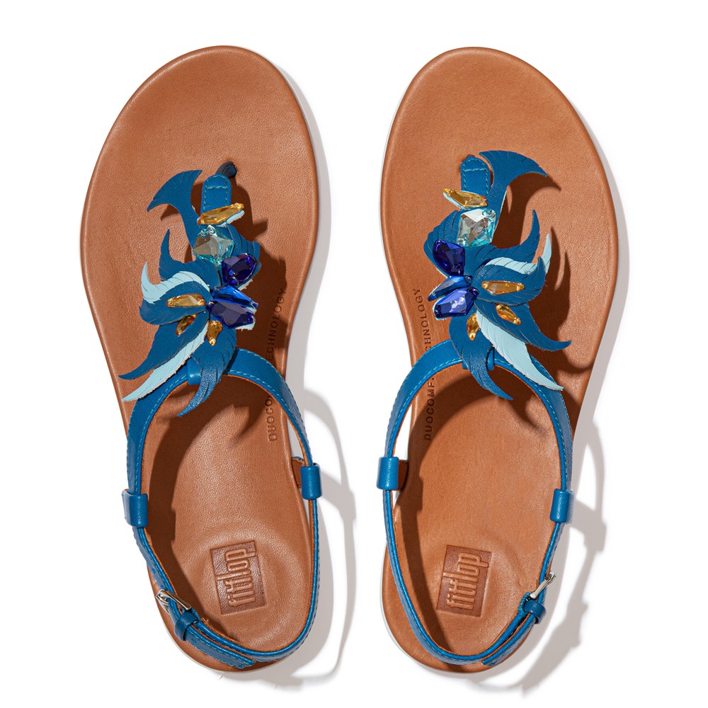 Fitflop Womens Sandals Blue - Tia Jewel Feather Leather Back-strap - 08EGXBIKY